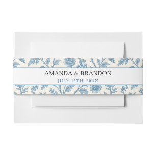 Chic Blue Toile de Jouy Floral Border Wedding Invitation Belly Band