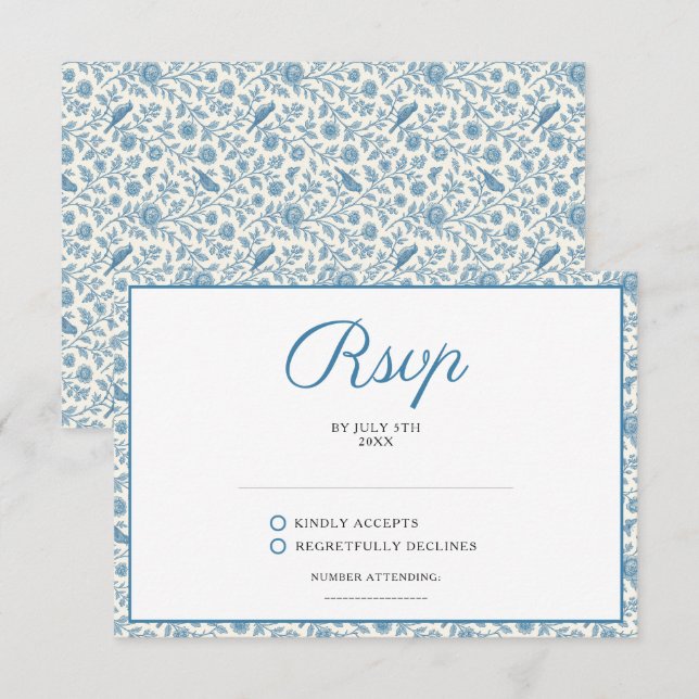 Chic Blue Toile de Jouy Floral Border Wedding RSVP Card (Front/Back)