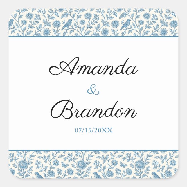 Chic Blue Toile de Jouy Floral Border Wedding Square Sticker (Front)