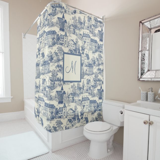 Chic Blue Toile de Jouy Village Scene  Shower Curtain (In Situ)
