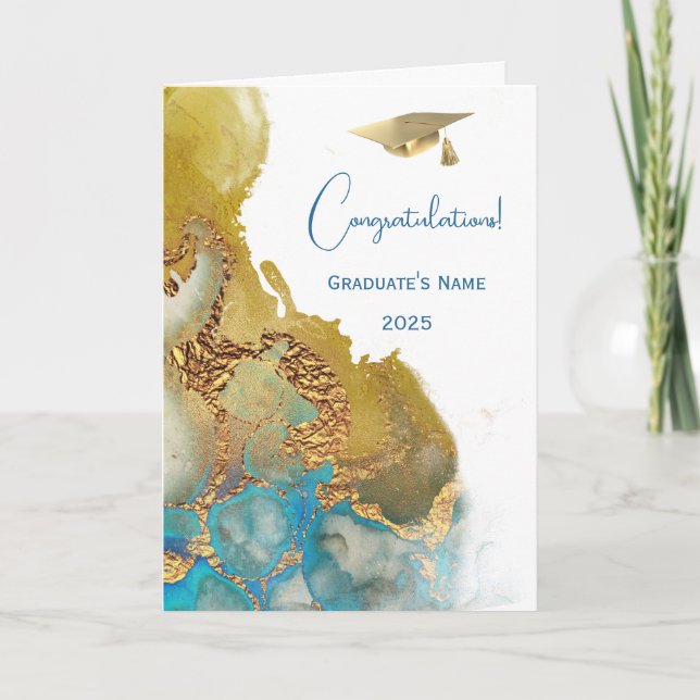 Chic Blue Turquoise Gold Abstract Graduation  Card (Front)