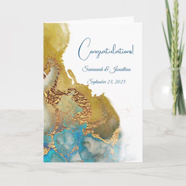 Chic Blue Turquoise Gold Abstract Wedding Card (Front)