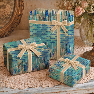 Chic Blue Turquoise Gold Glam Dripping Glitter Wrapping Paper Sheet
