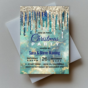 Chic blue turquoise gold glitter drips Christmas  Invitation