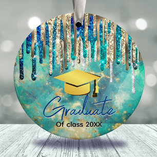 Chic blue turquoise gold glitter drips graduate ceramic tree decoration