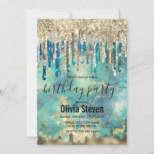 Chic blue turquoise gold glitter drips monogram invitation