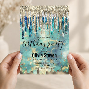 Chic blue turquoise gold glitter drips monogram invitation