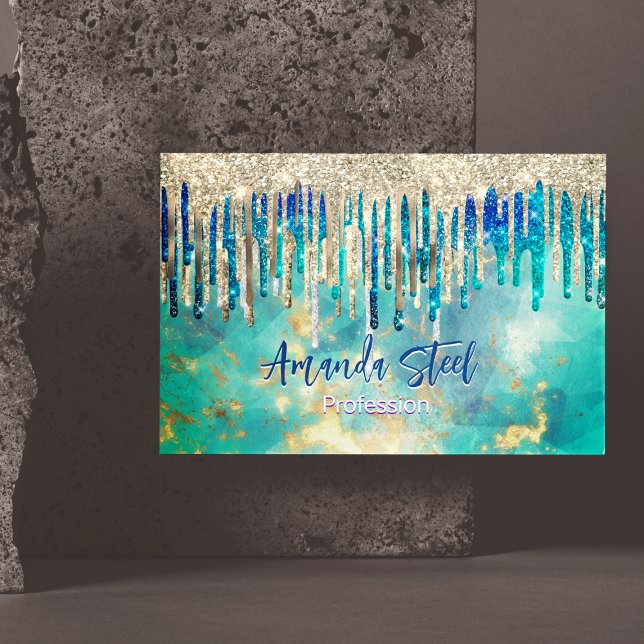 Chic blue turquoise gold glitter drips monogram 	Magnetic business card (Creator Uploaded)