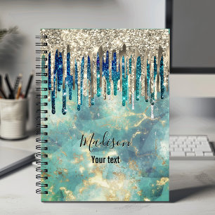 Chic blue turquoise gold glitter drips monogram notebook