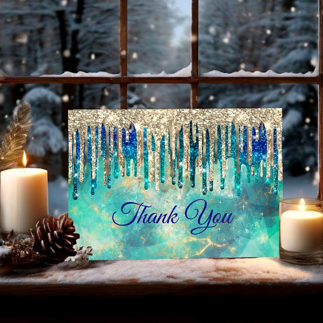 Chic blue turquoise gold glitter drips thank you card (Creator Uploaded)