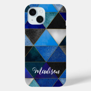 Chic blue turquoise grey geometric iPhone 15 case