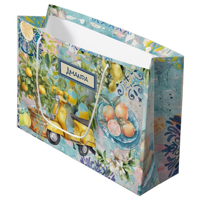 Chic blue turquoise sicilian citrus collage floral large gift bag (Front Angled)