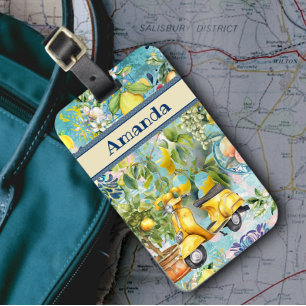 Chic blue turquoise sicilian citrus collage floral luggage tag