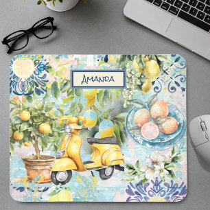 Chic blue turquoise sicilian citrus collage floral mouse mat