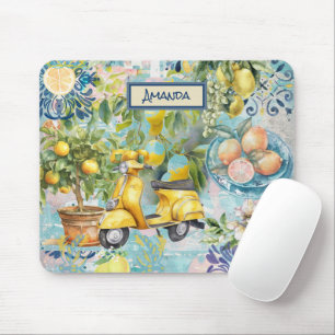 Chic blue turquoise sicilian citrus collage floral mouse mat