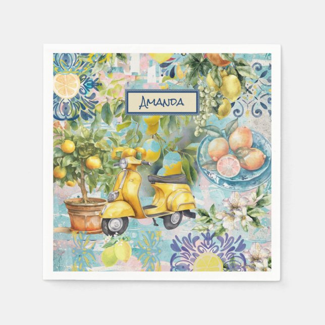 Chic blue turquoise sicilian citrus collage floral napkin (Front)