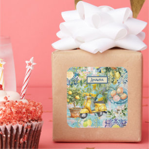 Chic blue turquoise sicilian citrus collage floral square sticker