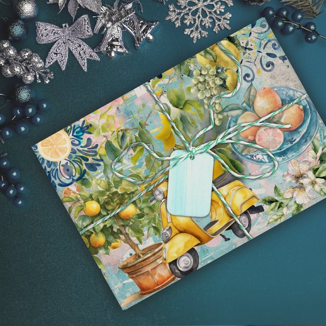 Chic blue turquoise sicilian citrus collage floral wrapping paper (Creator Uploaded)