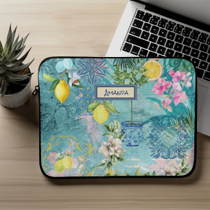 Chic Blue Turquoise Sicilian Citrus Floral Laptop Sleeve