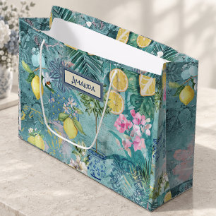Chic Blue Turquoise Sicilian Citrus Floral Large Gift Bag