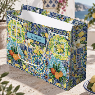 Chic Blue Turquoise Sicilian Citrus Floral Tile Large Gift Bag