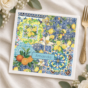 Chic Blue Turquoise Sicilian Citrus Floral Tile Napkin