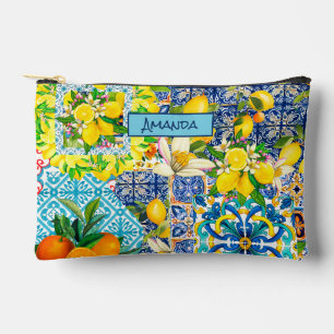 Chic blue turquoise sicilian citrus floral tiles accessory pouch