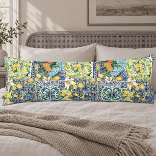 Chic Blue Turquoise Sicilian Citrus Floral Tiles Body Cushion