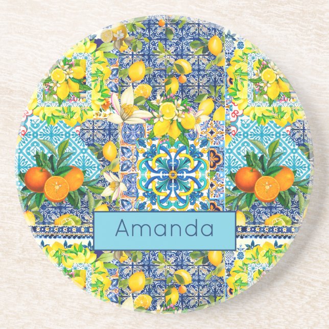 Chic blue turquoise sicilian citrus floral tiles  coaster (Front)
