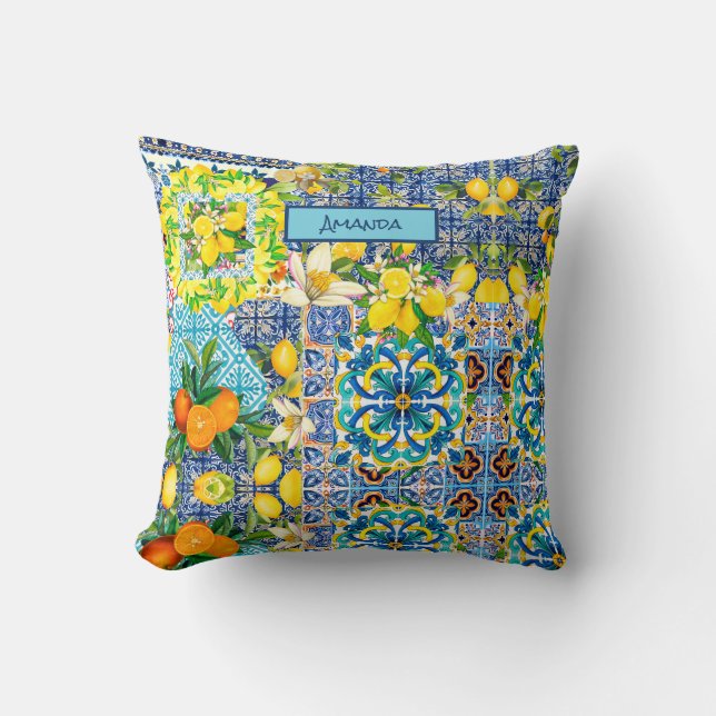 Chic blue turquoise sicilian citrus floral tiles  cushion (Front)