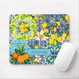Chic blue turquoise sicilian citrus floral tiles  mouse mat