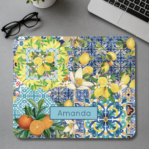 Chic blue turquoise sicilian citrus floral tiles mouse mat