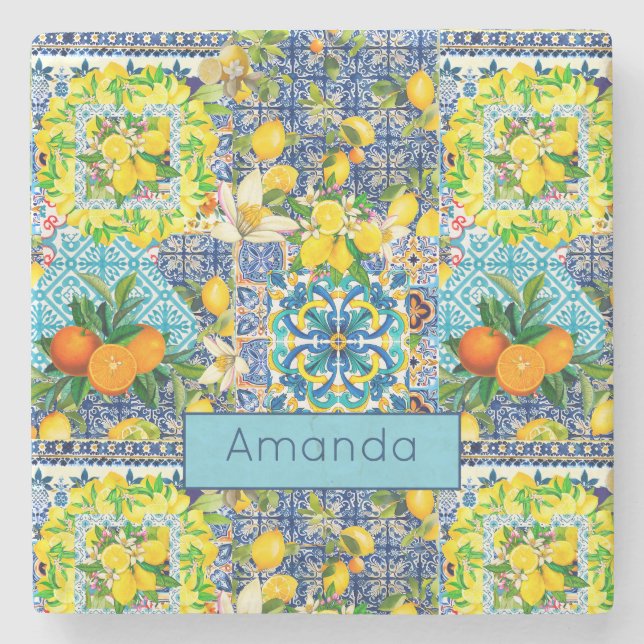 Chic blue turquoise sicilian citrus floral tiles  stone coaster (Front)
