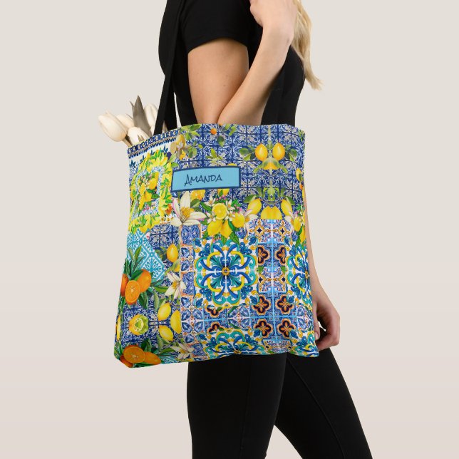Chic blue turquoise sicilian citrus floral tiles  tote bag (Close Up)
