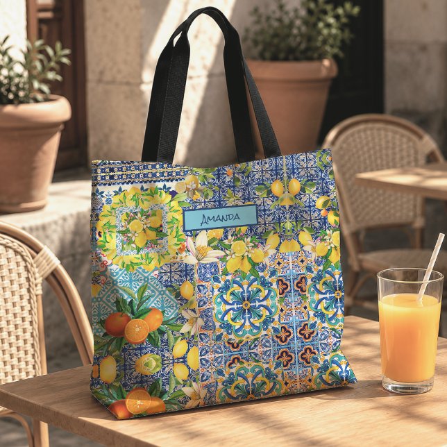 Chic Blue Turquoise Sicilian Citrus Tile Pattern Tote Bag (Creator Uploaded)