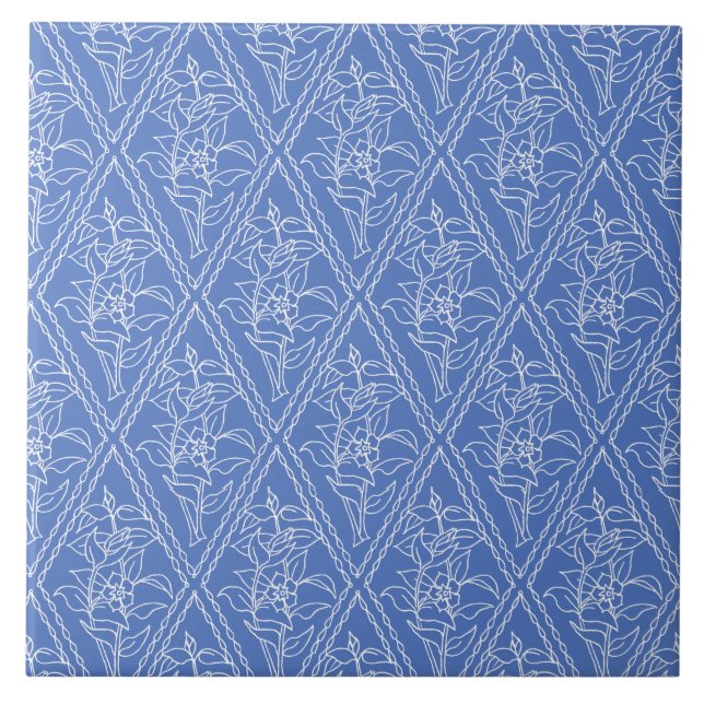 Chic Blue Vintage Periwinkle Floral Pattern Tile (Front)