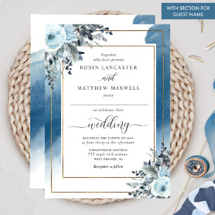 Chic Blue Watercolor and Floral Guest Name Wedding Invitation