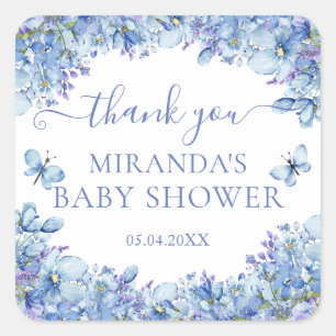 Chic Blue Watercolor Floral Baby Shower Thank You Square Sticker
