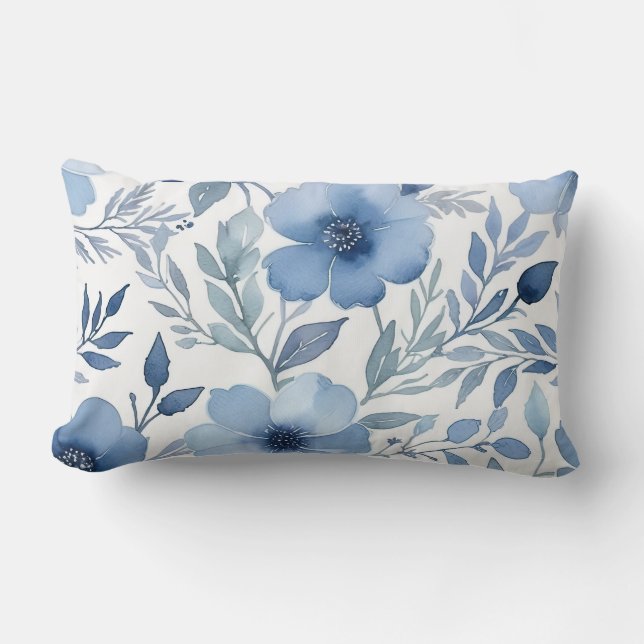Chic Blue Watercolor Floral Lumbar Cushion (Front)