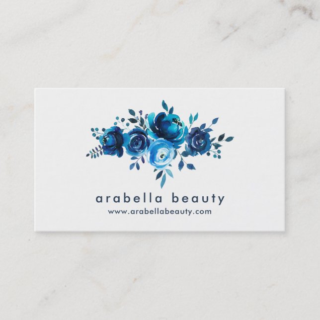 Chic Blue Watercolor Floral Roses Business Card (Front)