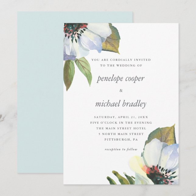 Chic Blue Watercolor Floral Wedding Invitation (Front/Back)