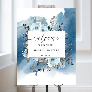 Chic Blue Watercolor Floral Wedding Welcome Sign