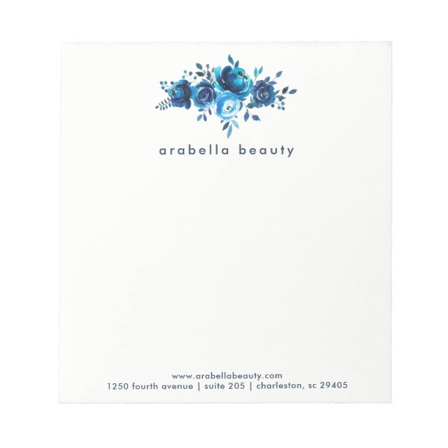 Chic Blue Watercolor Floral with Business Name Notepad (Front)
