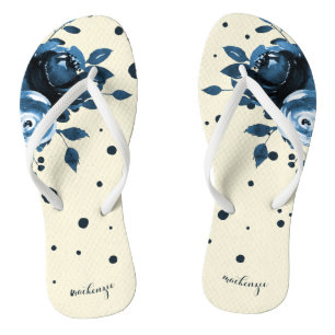 Chic Blue Watercolor Floral with Dots and Add Name Flip Flops
