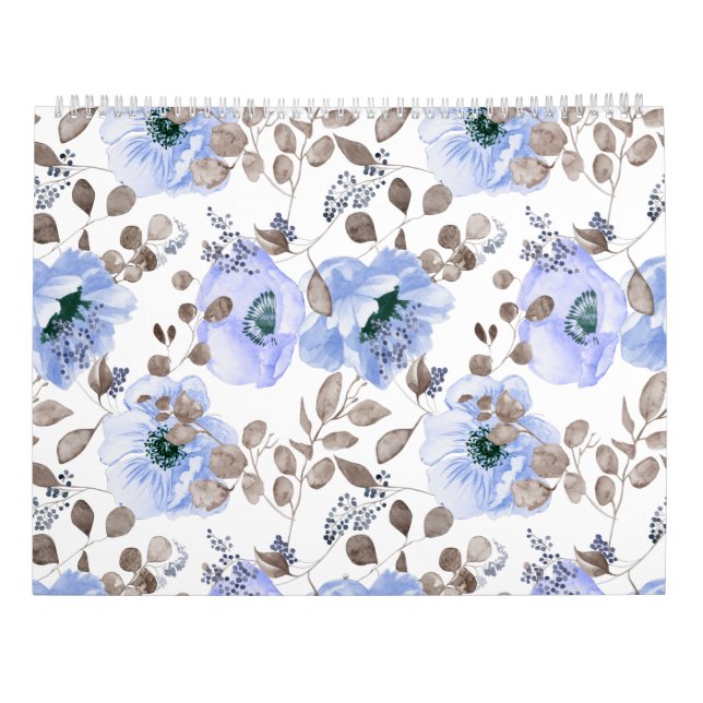 Chic Blue Watercolor Flowers Calendar (Back)