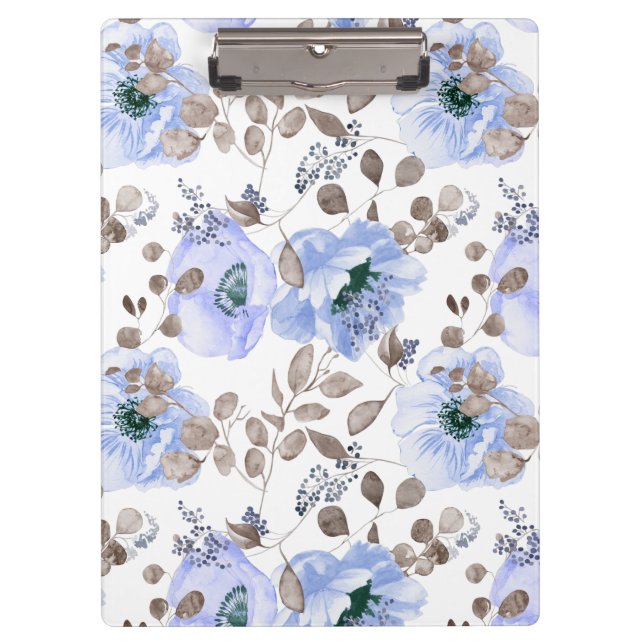 Chic Blue Watercolor Flowers Clipboard (Front)