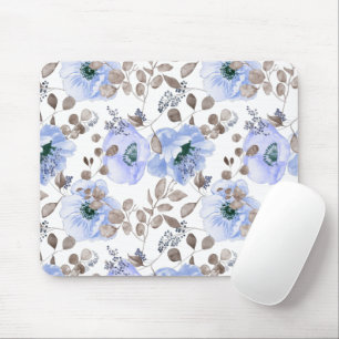 Chic Blue Watercolor Flowers Mouse Mat