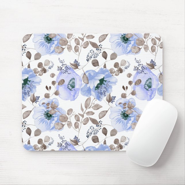 Chic Blue Watercolor Flowers Mouse Mat (With Mouse)
