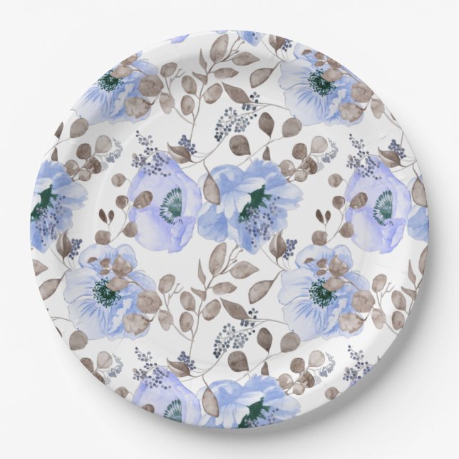 Chic Blue Watercolor Flowers Paper Plates (Front)
