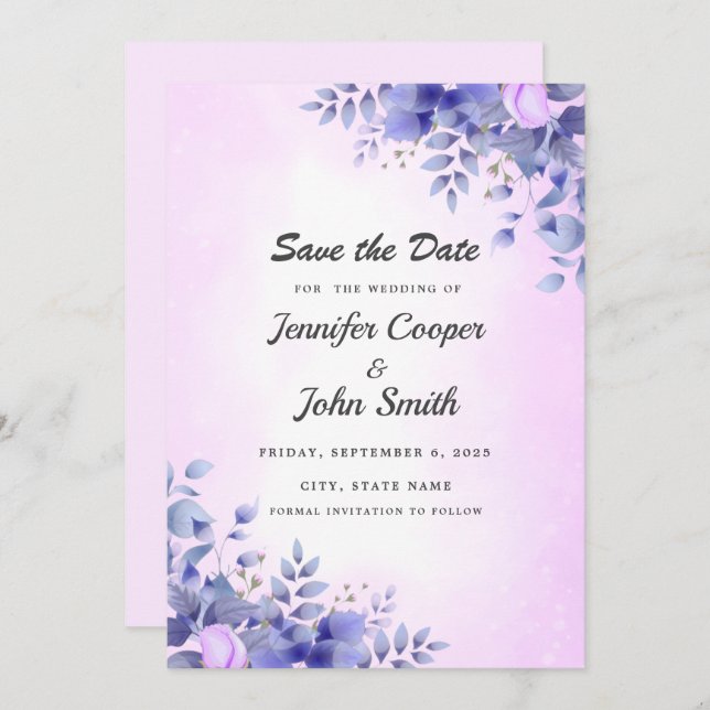 Chic Blue Watercolor Pink Roses Wedding Save The Date (Front/Back)